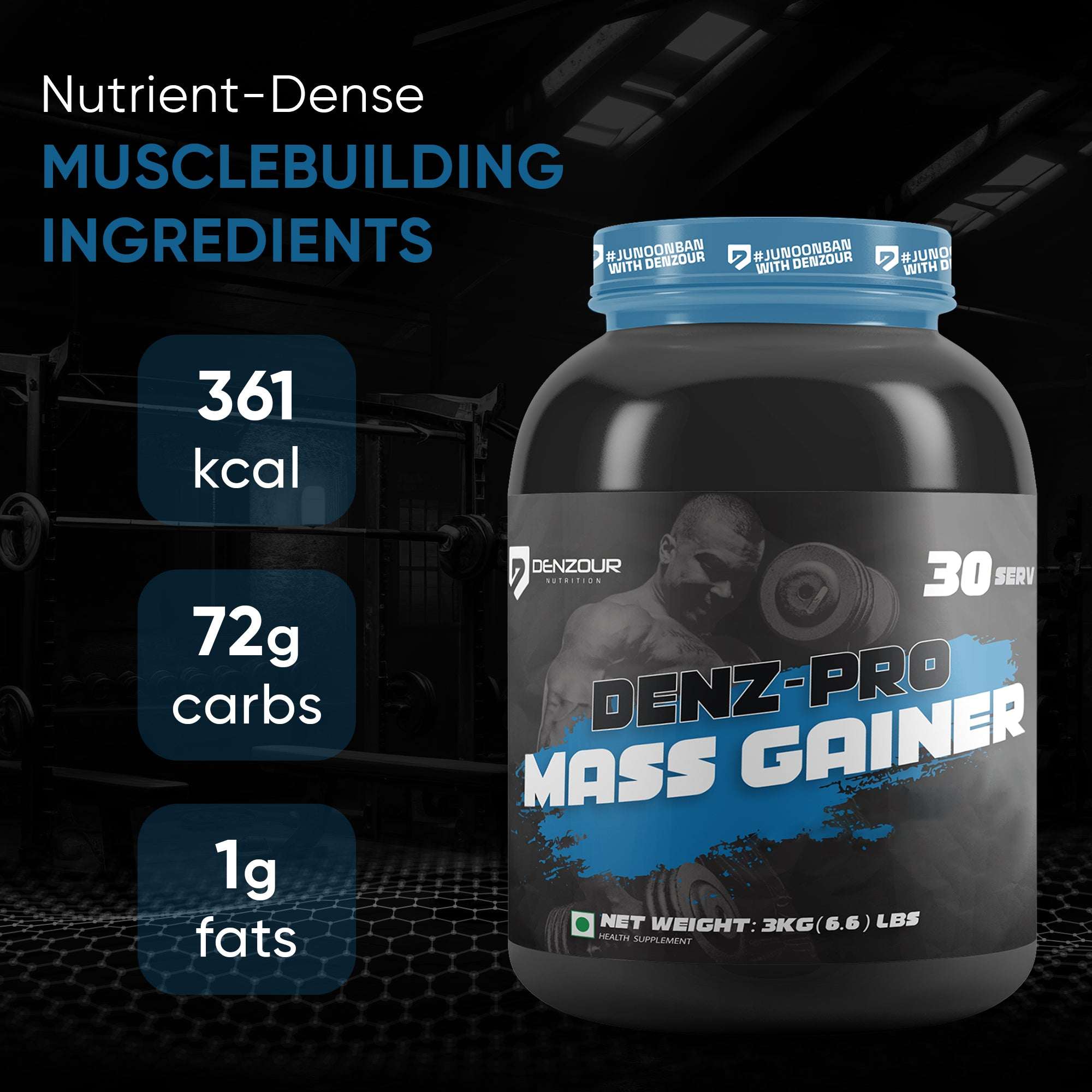 Denz-Pro Mass Gainer | Protein Powder | 3kg(6.6 Lb), 72g Carbs & 1g Fat | Per Serving 100g
