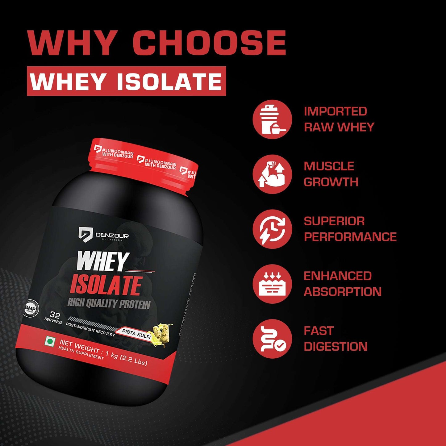 Denzour Whey Isolate Protein Powder 1Kg | Post Workout Recovery | 27g Protein