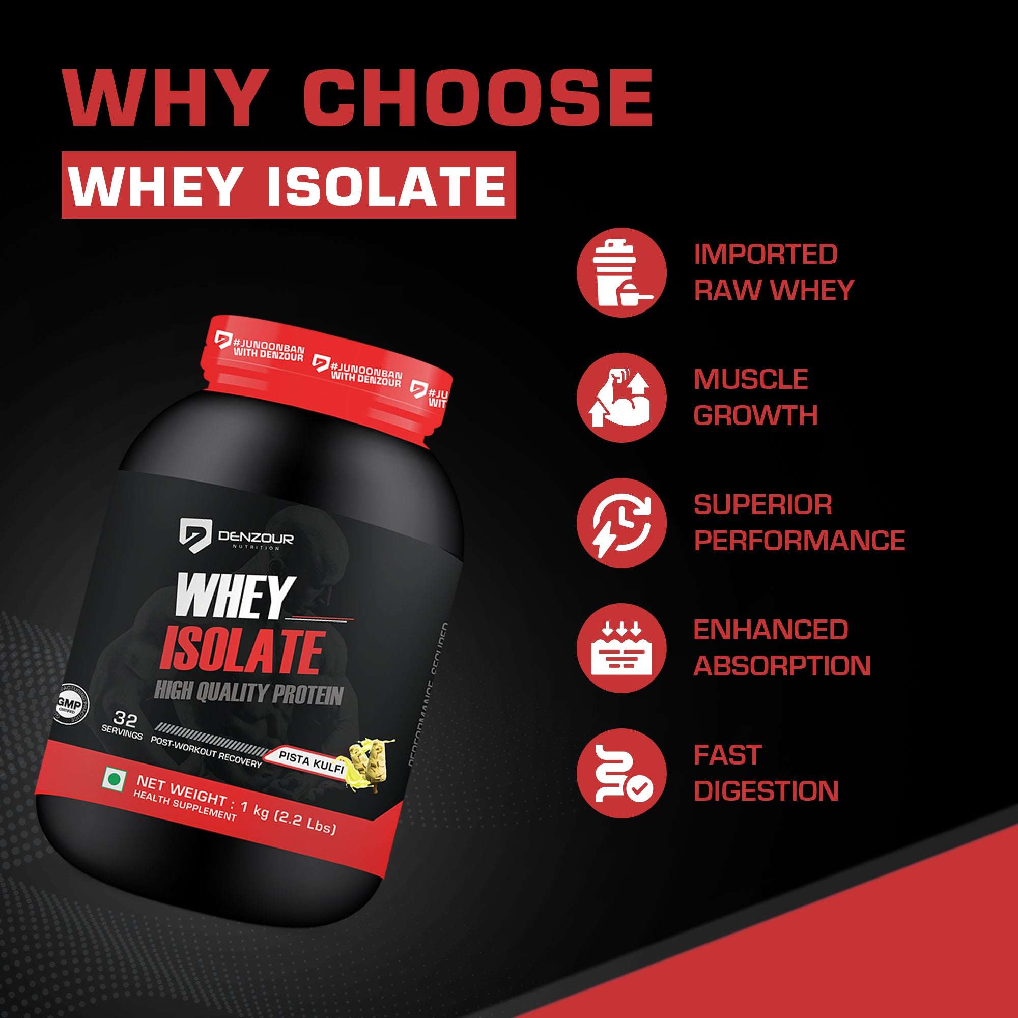 Denzour Whey Isolate Protein Powder 1Kg | Post Workout Recovery | 27g Protein