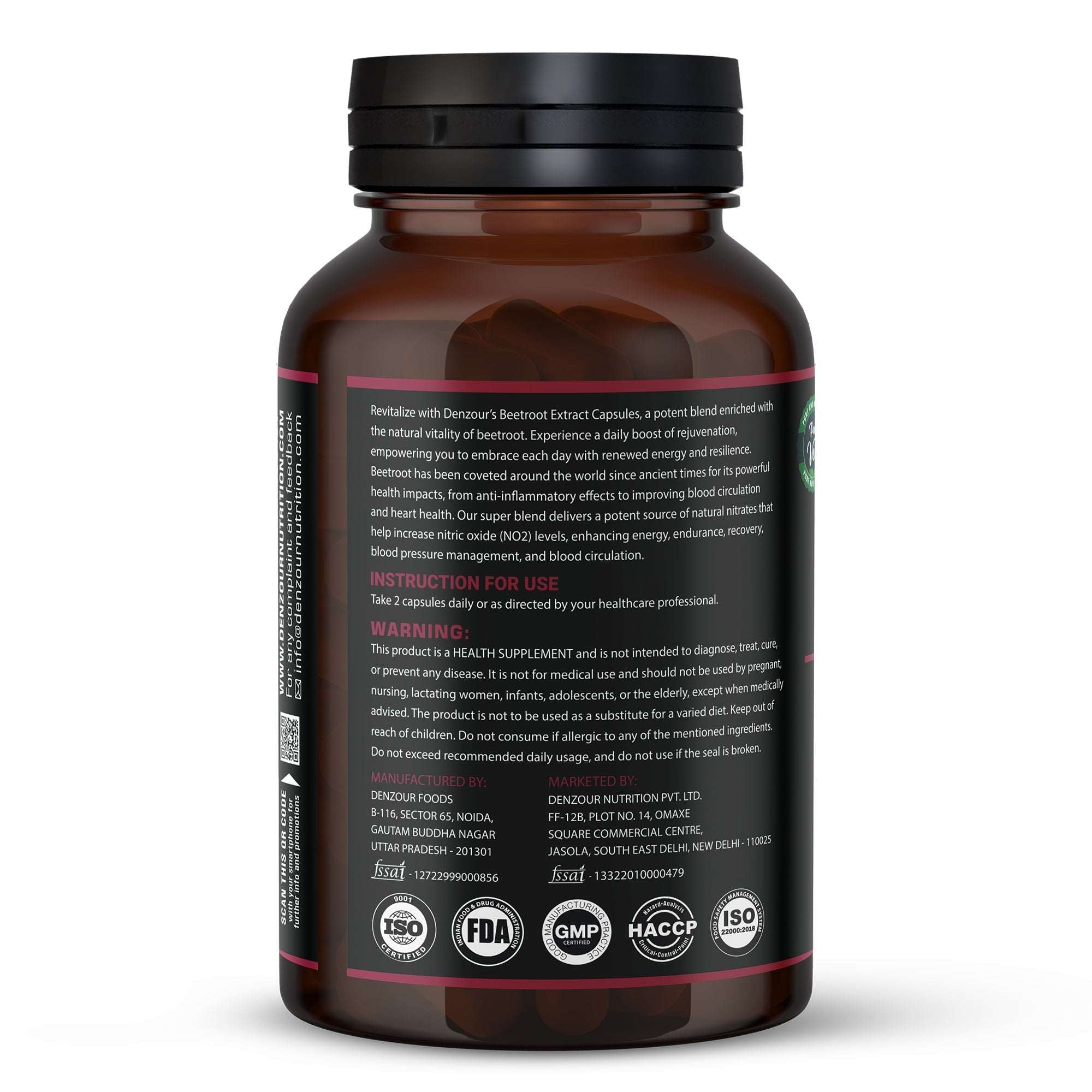 Denzour Beetroot Extract - 60 Capsule | 1000mg Per Serving | Free From Additives & Fillers