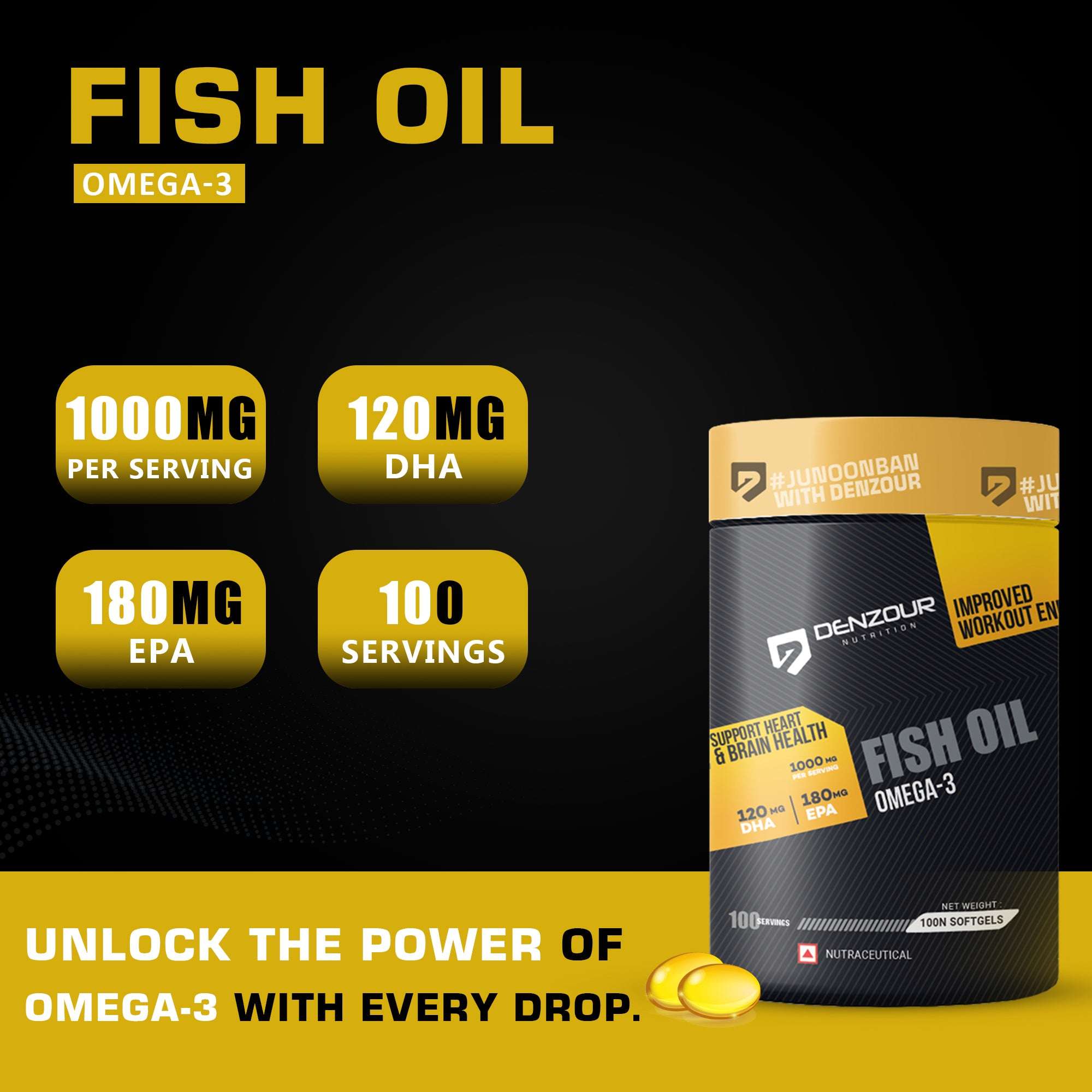 Denzour Omega - 3 Fish Oil | 100 Capsules, Support Heart & Brain Health | 120mg DHA & 180mg EPA