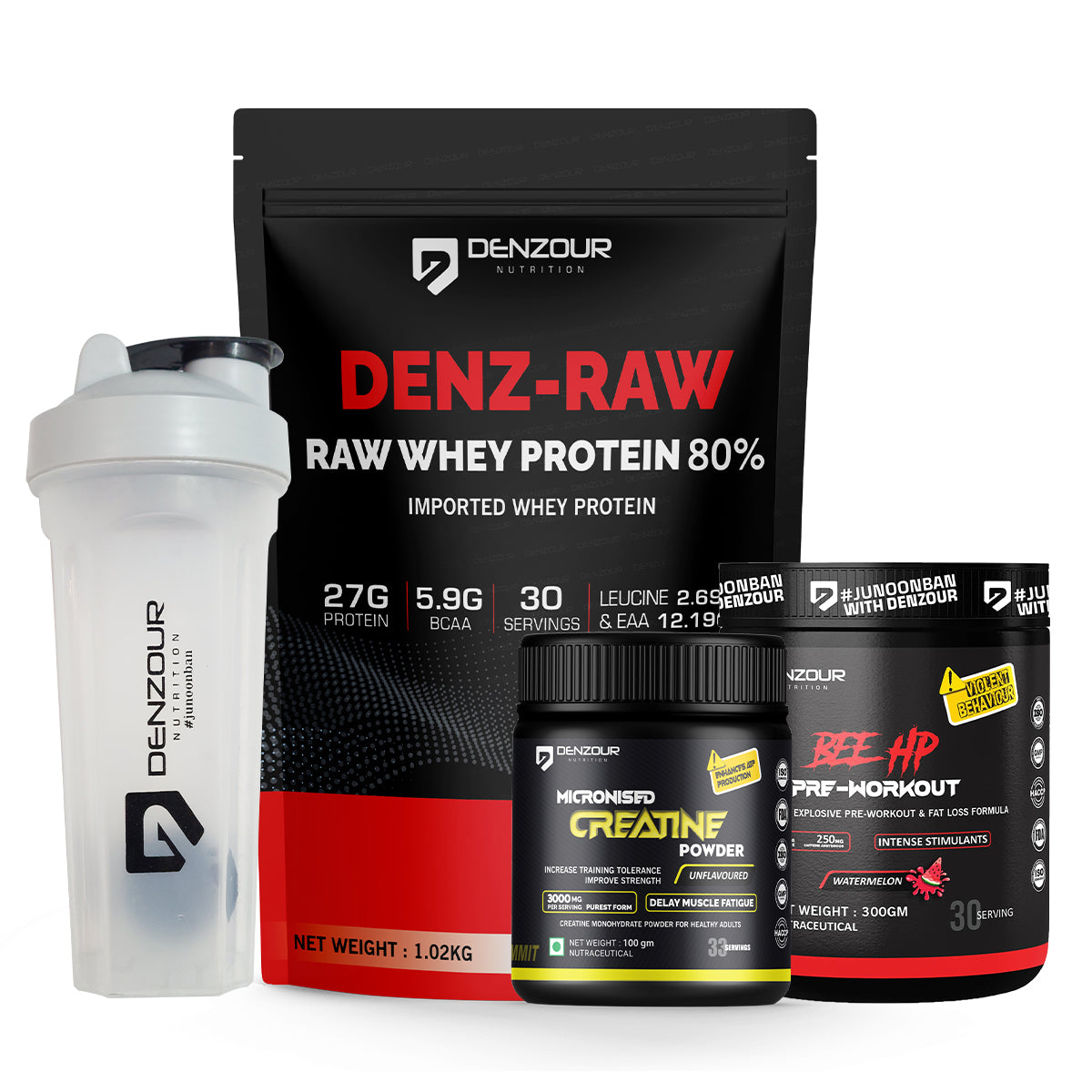 Denzour Lean Muscle & Pre-Workout Stack | Denz-Raw Whey 1.02kg + Creatine 100g + Bee HP Pre-Workout 300g + Shaker