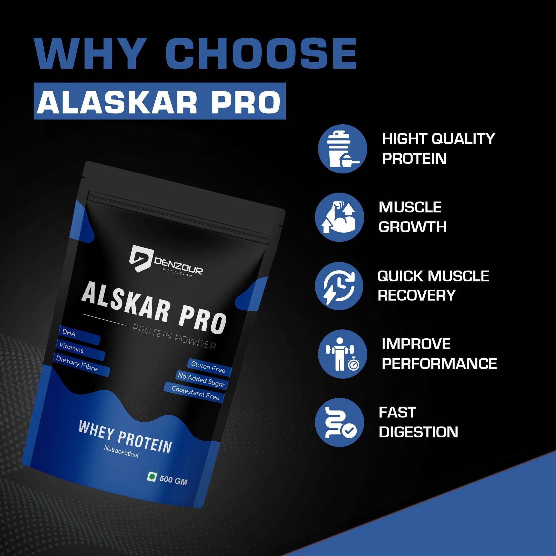 Denzour Alskar Pro Whey Protein Powder - 500g | Gluten Free & No Added Sugar