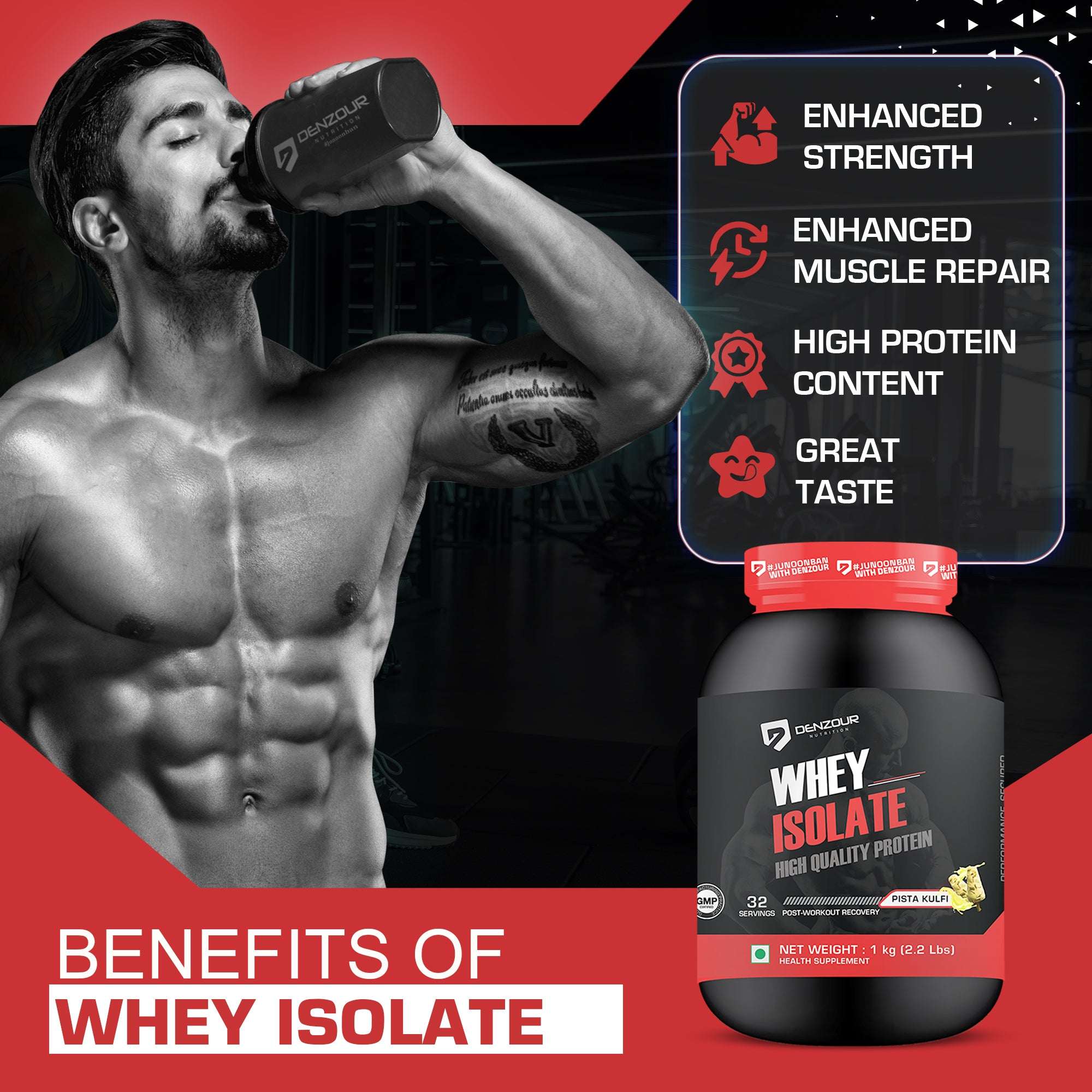 Denzour Whey Isolate Protein Powder 1Kg | Post Workout Recovery | 27g Protein