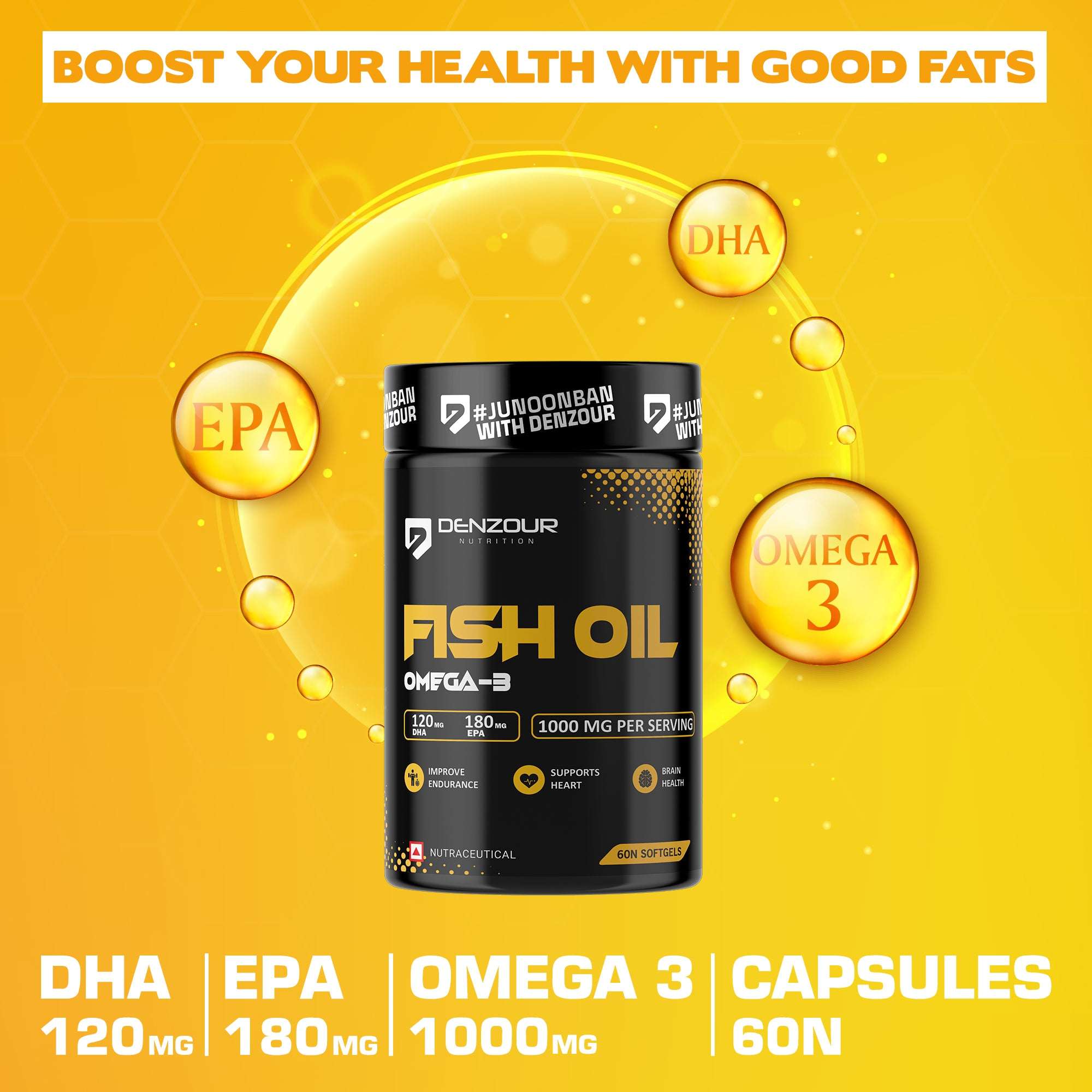 Denzour Fish Oil Omega - 3 | 60 Capsules, DHA 120mg & EPA 180mg | Mercury Free