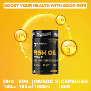 Denzour Fish Oil Omega - 3 | 60 Capsules, DHA 120mg & EPA 180mg | Mercury Free