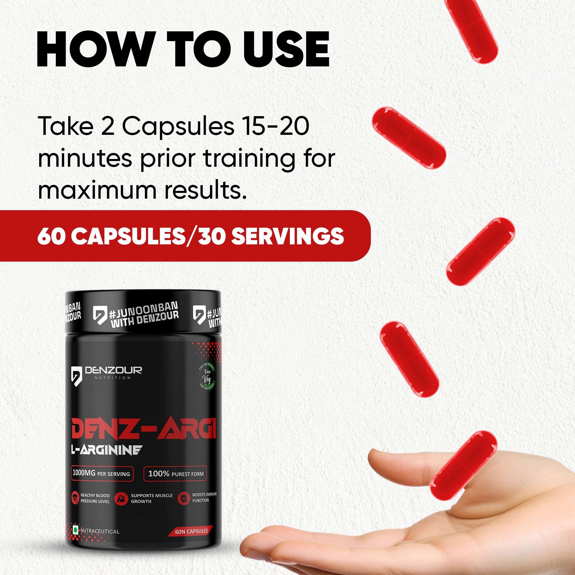 Denz-Argi L-Arginine | 60 Capsules & 100% Purest Form | Muscle Growth Supports | 1000mg Per Serving