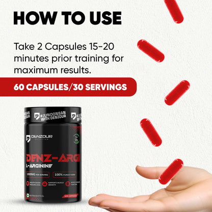 Denz-Argi L-Arginine | 60 Capsules & 100% Purest Form | Muscle Growth Supports | 1000mg Per Serving