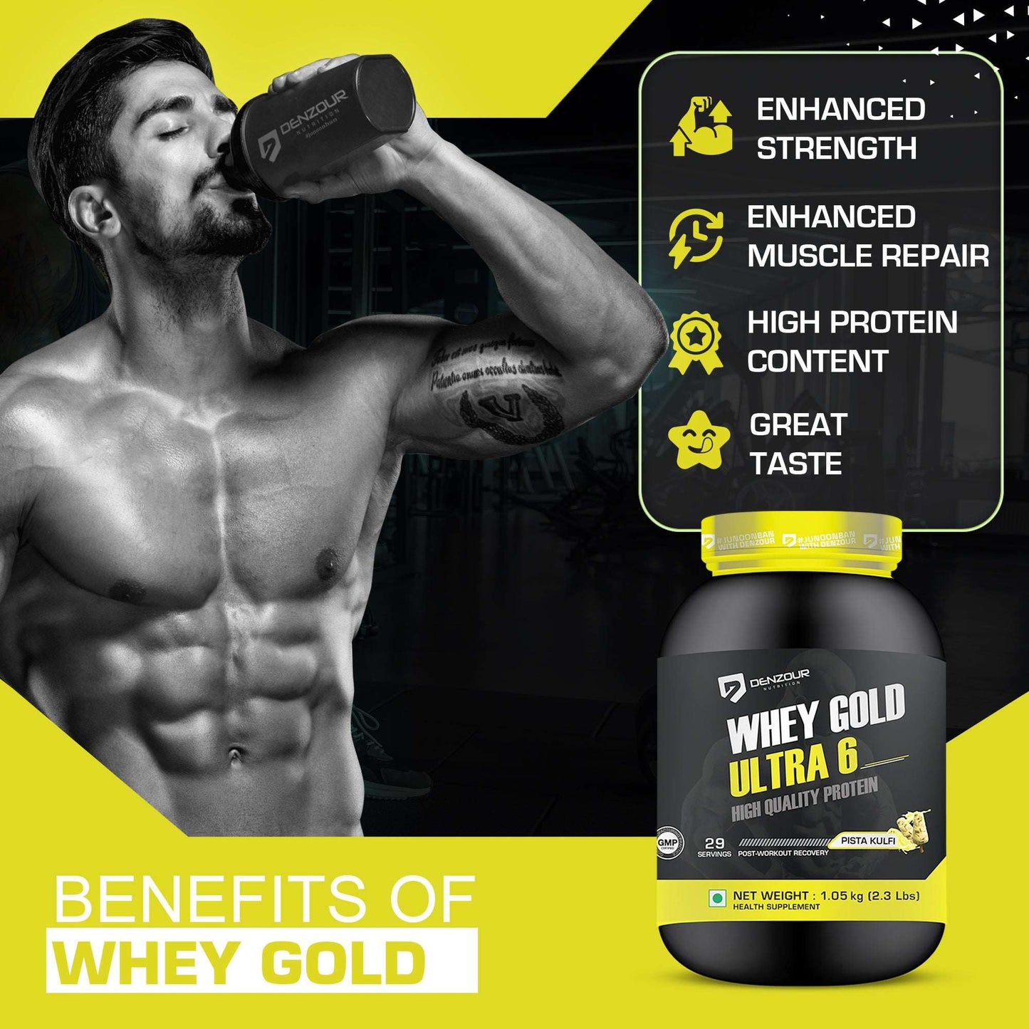 Denzour Whey Gold Ultra 6 High Quality Protein Powder | 1.05Kg & Enhanced Strength
