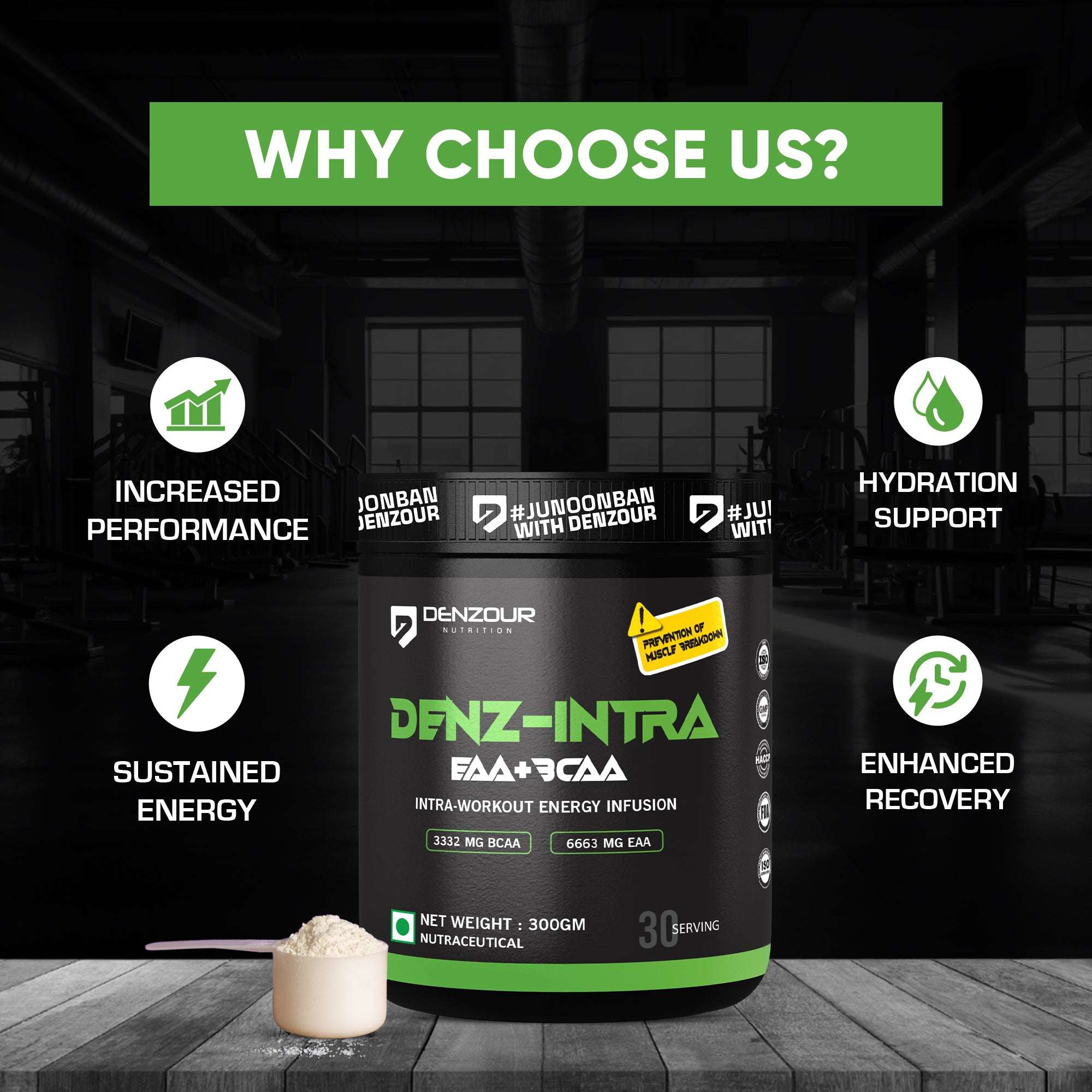 Denz-Intra BCAA + EAA Powder | Intra Workout | 3332mg BCAA & 6663mg EAA | Pure Veg