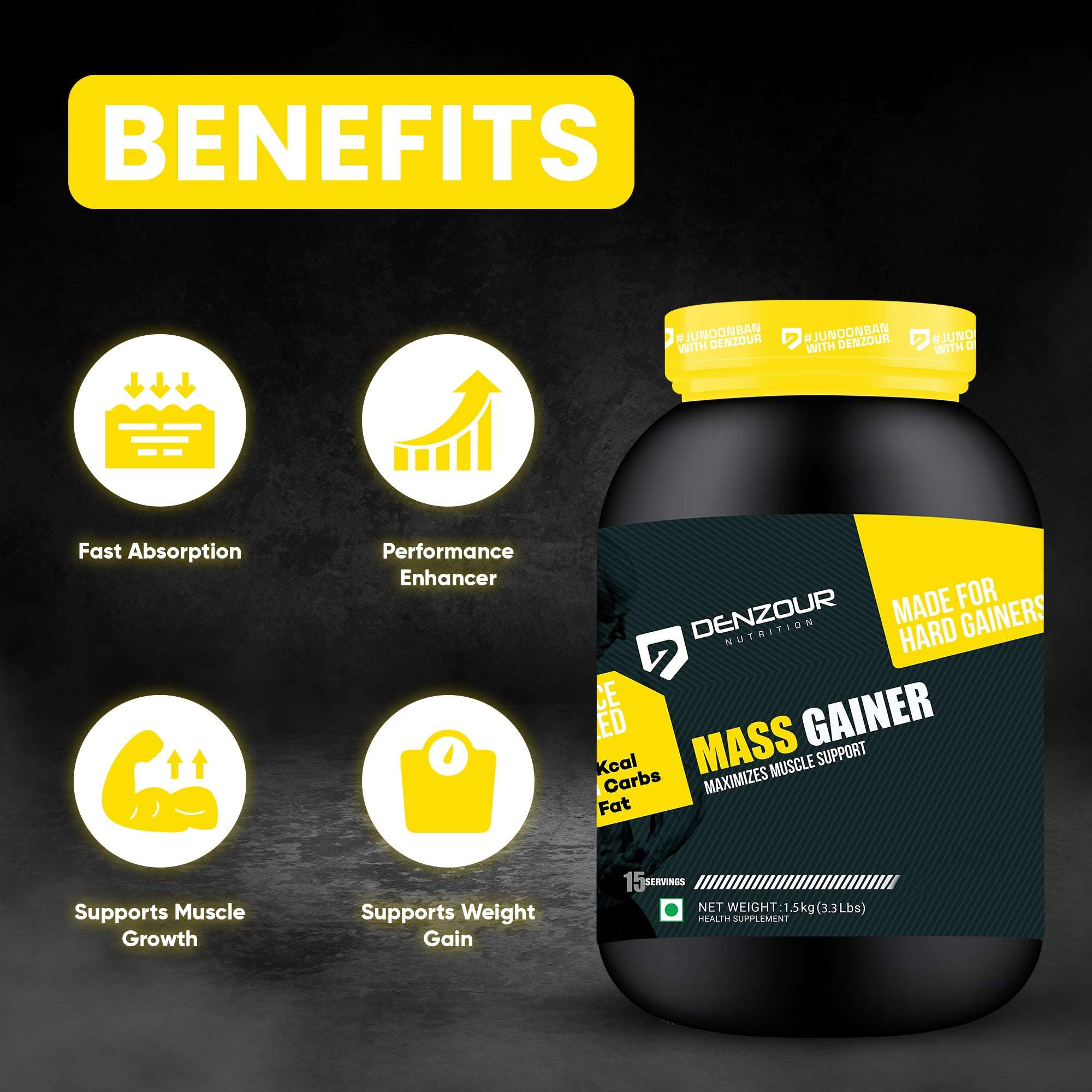 Denzour Mass Gainer - 1.5Kg (3.3 Lb) | Muscle Support, 72g Carbs & 100g Per Servings