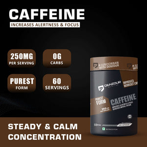 Denzour Caffeine - 60 Capsules | Increases Alertness & Focus | 250mg Per Serving & Purest Form