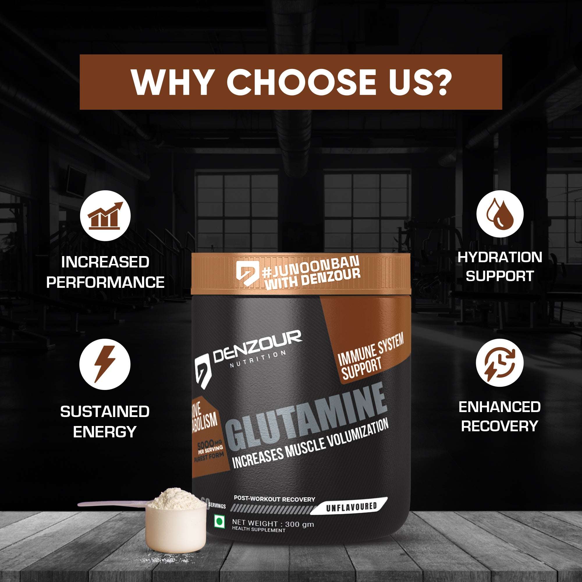 Denzour Glutamine Powder - 300g | Post Workout Recovery | Unflavoured & 5g Per Serving