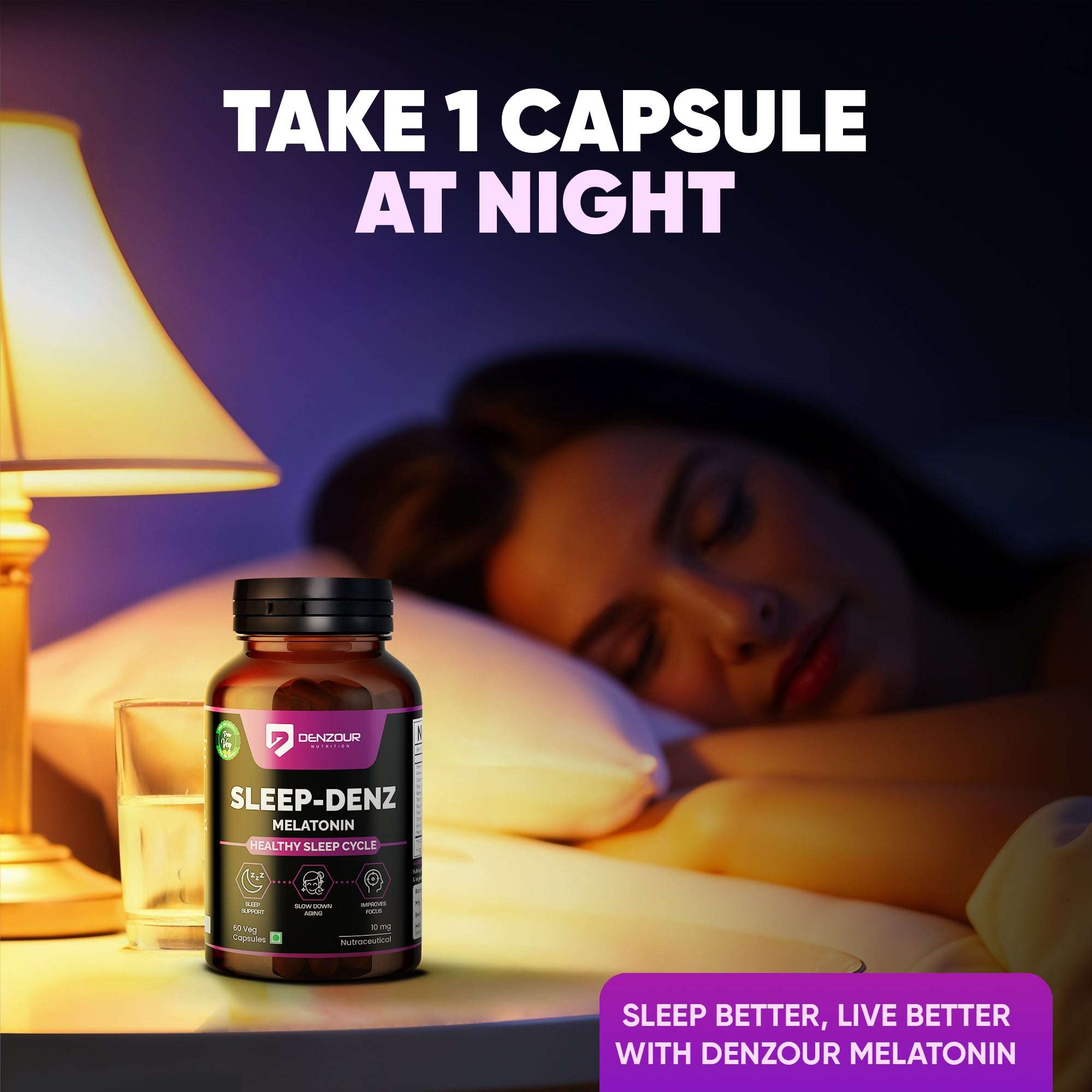 Sleep Denz Melatonin - 60 Capsules | Healthy Sleep Support | Vegan & Natural, 10mg Melatonin