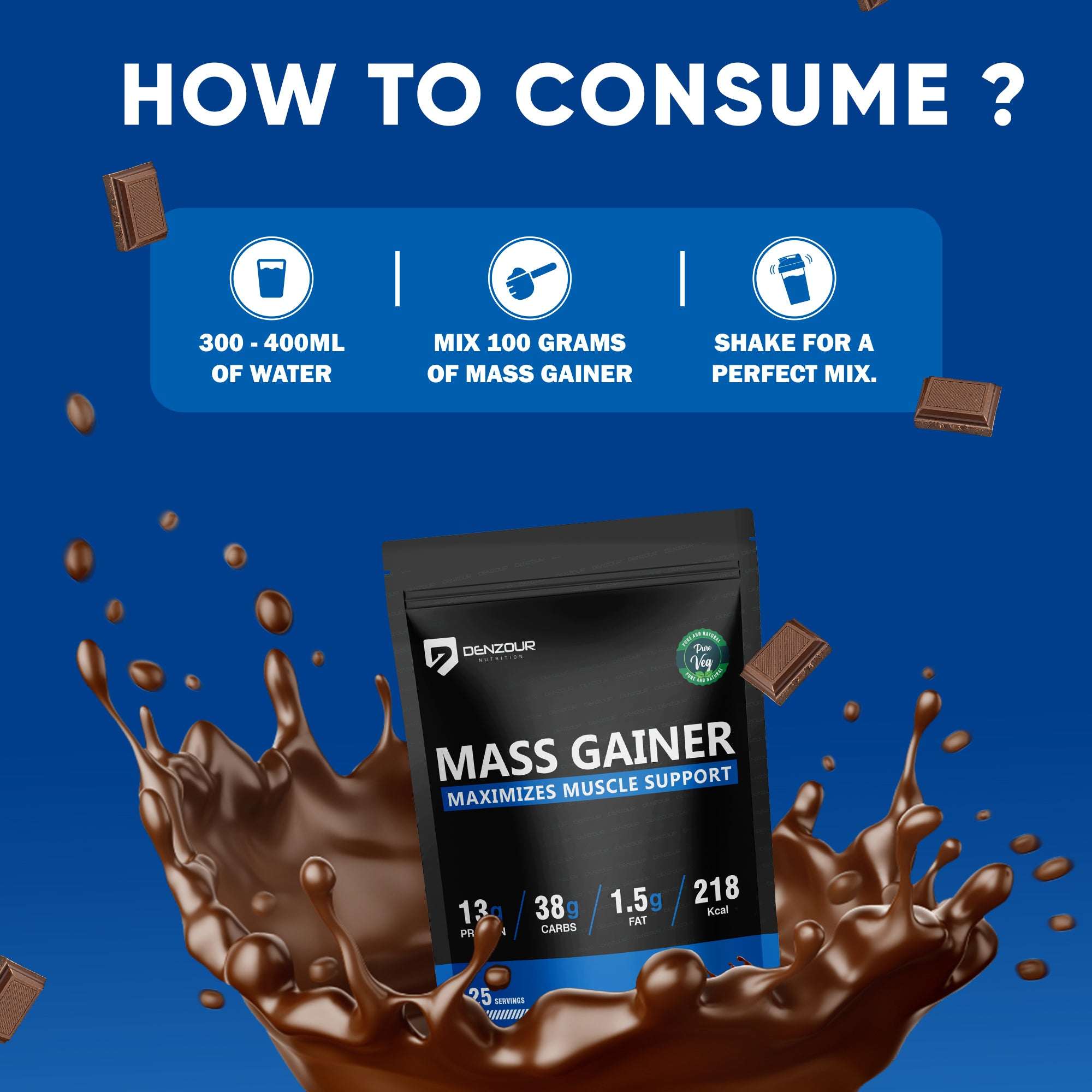 Denzour mass gainer | Chocolate Flavour, 1.5Kg | 38g Carbs & 13g Protein | Per Servings 60g