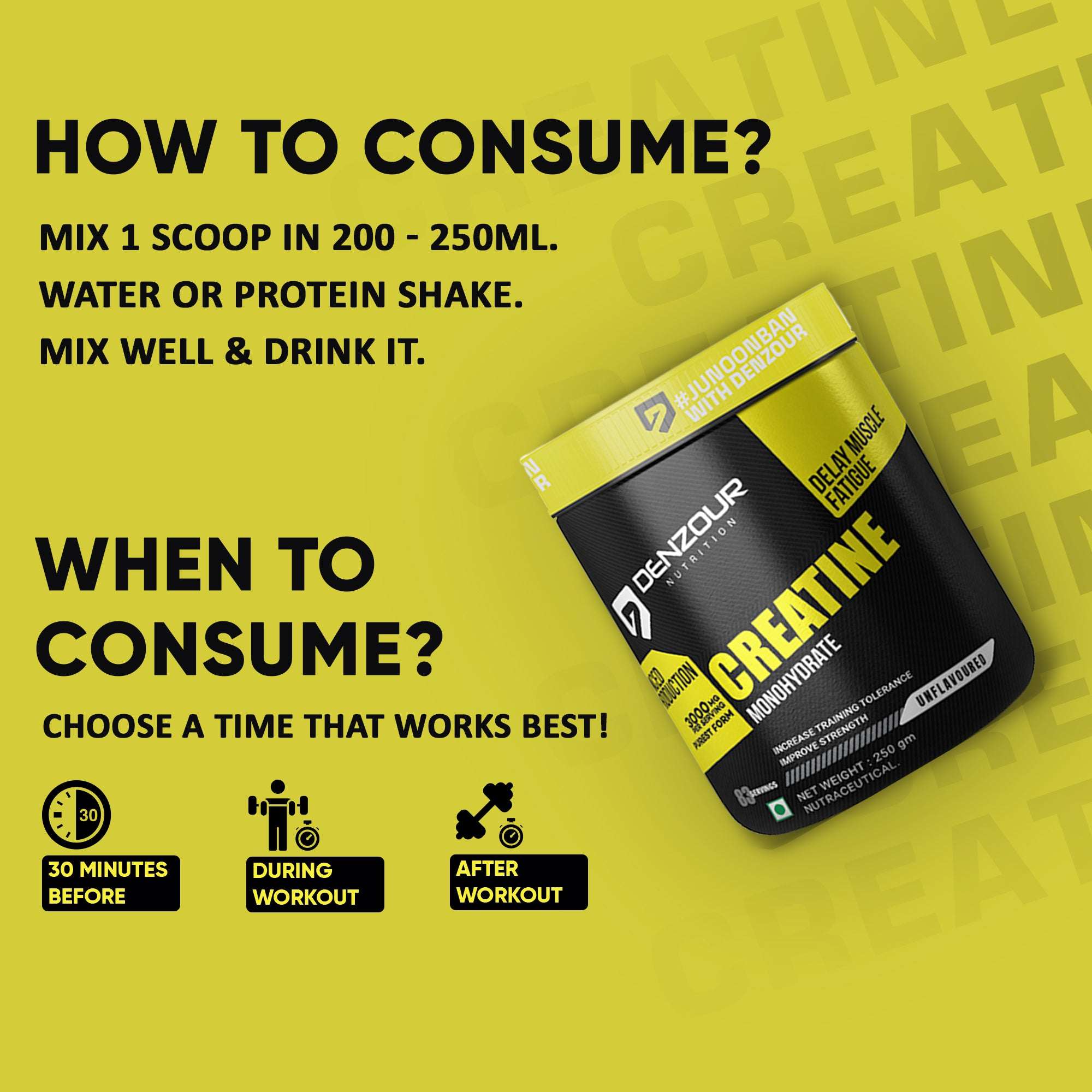 Denzour Creatine Monohydrate  Powder - 250gm | Improve Strength | Unflavoured, 83 Servings