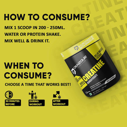 Denzour Creatine Monohydrate  Powder - 250gm | Improve Strength | Unflavoured, 83 Servings
