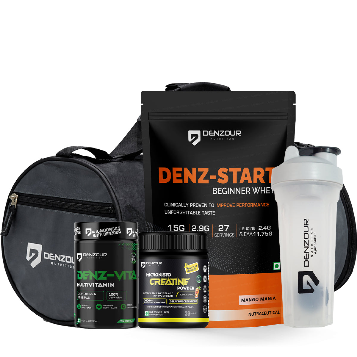 Beginner Performance Stack | Denz-Start Whey + Micronised Creatine 122g + Denz-Vita + Shaker + Duffle Bag