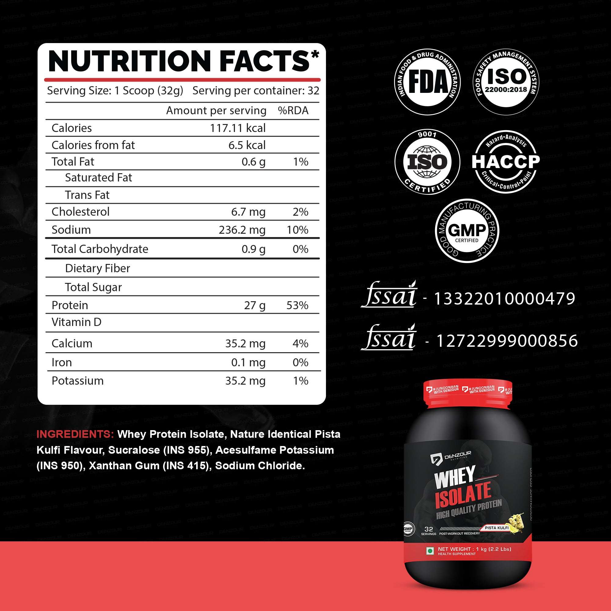 Denzour Whey Isolate Protein Powder 1Kg | Post Workout Recovery | 27g Protein