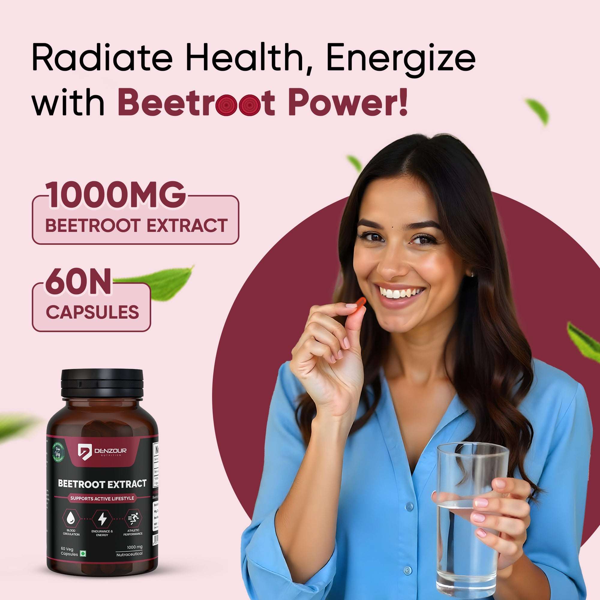 Denzour Beetroot Extract - 60 Capsule | 1000mg Per Serving | Free From Additives & Fillers
