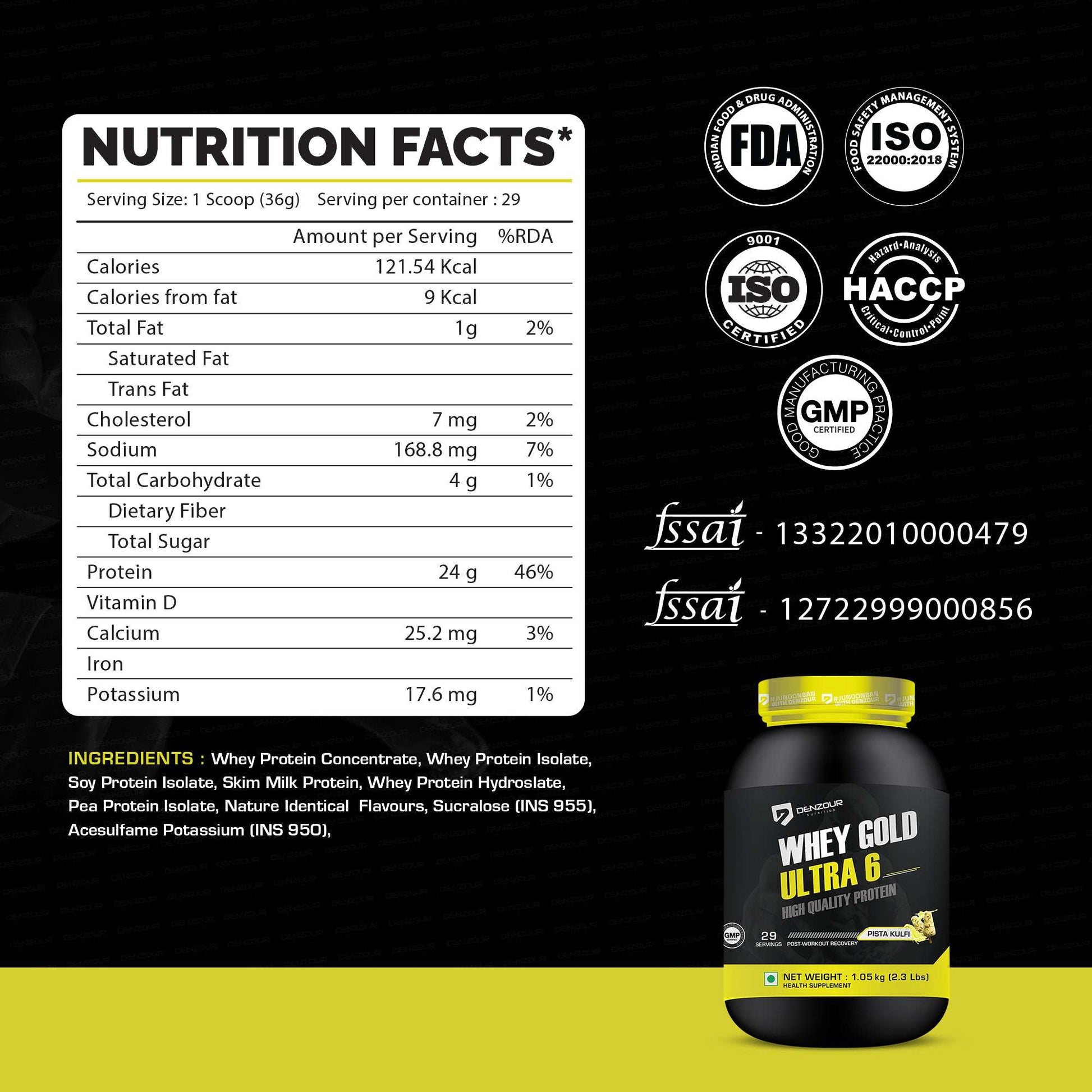 Denzour Whey Gold Ultra 6 High Quality Protein Powder | 1.05Kg & Enhanced Strength