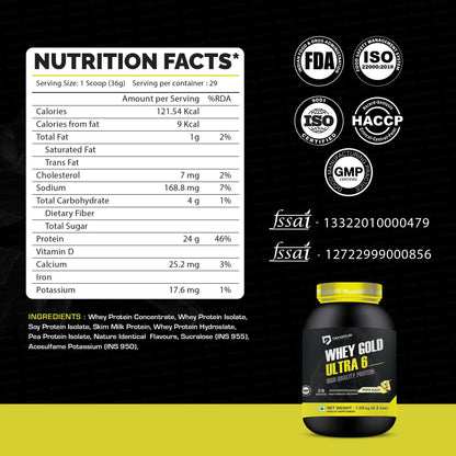 Denzour Whey Gold Ultra 6 High Quality Protein Powder | 1.05Kg & Enhanced Strength