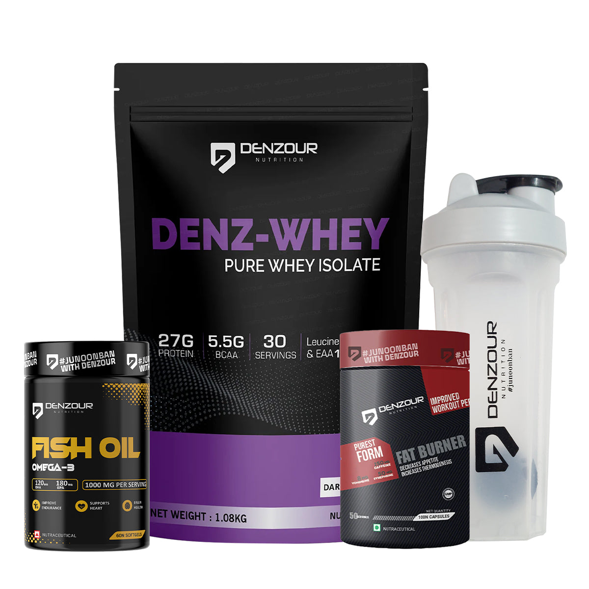 Denzour Lean Cut Stack | Denz-Whey Isolate + Fat Burner + Omega-3 Fish Oil + Shaker