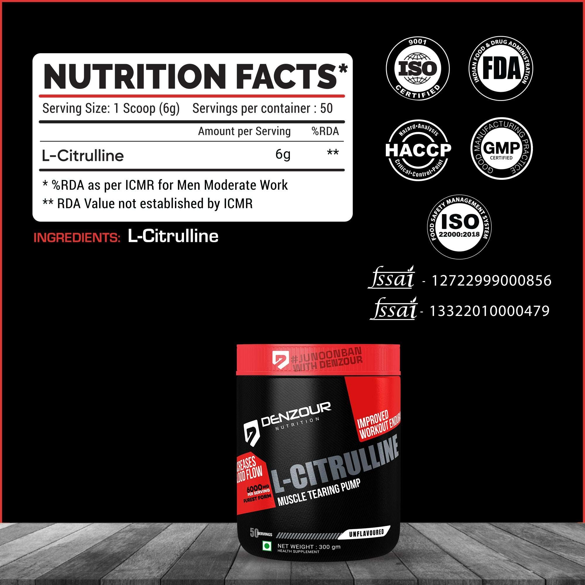Denzour L-Citrulline - 300g | Muscle Tearing Pump | 6g Per Serving & Unflavoured