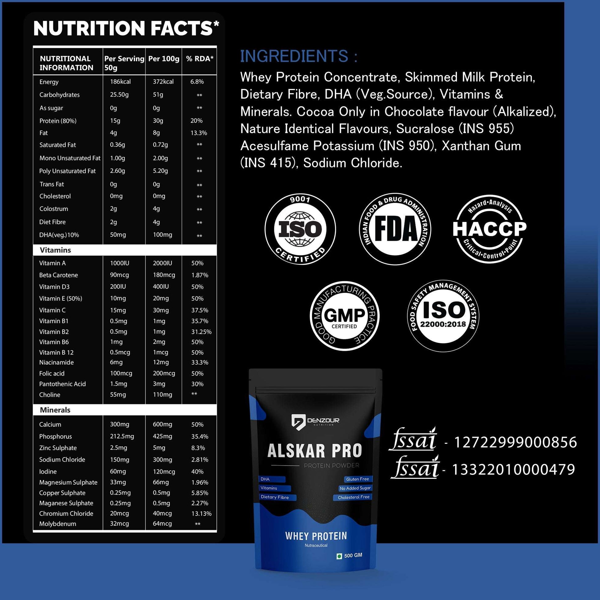 Denzour Alskar Pro Whey Protein Powder - 500g | Gluten Free & No Added Sugar