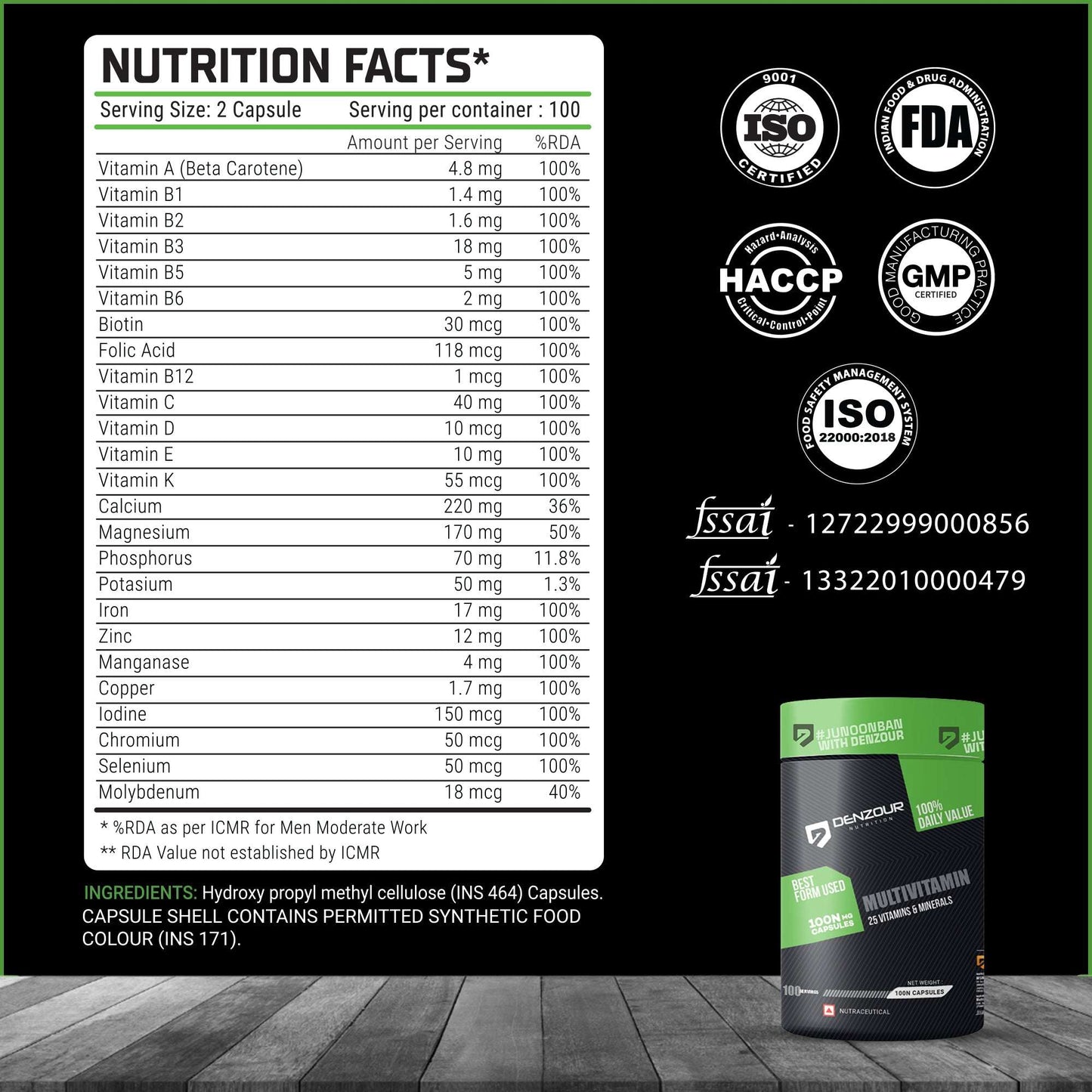 Denzour Multivitamin - 100 Capsules | 25 Vitamins & Minerals