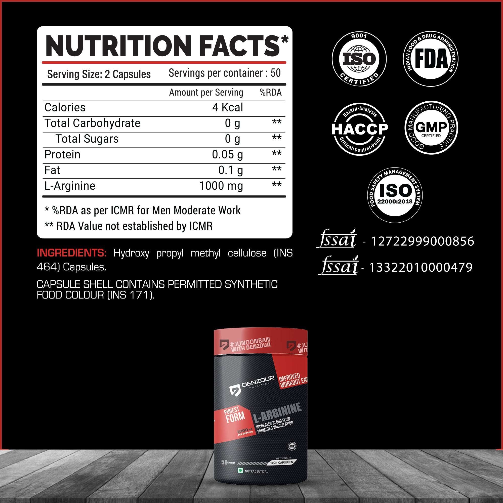 Denzour L-Arginine - 100 Capsules | Increases Blood Flow | 1000mg Per Serving, 0g Carbs