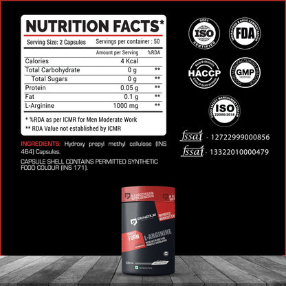 Denzour L-Arginine - 100 Capsules | Increases Blood Flow | 1000mg Per Serving, 0g Carbs