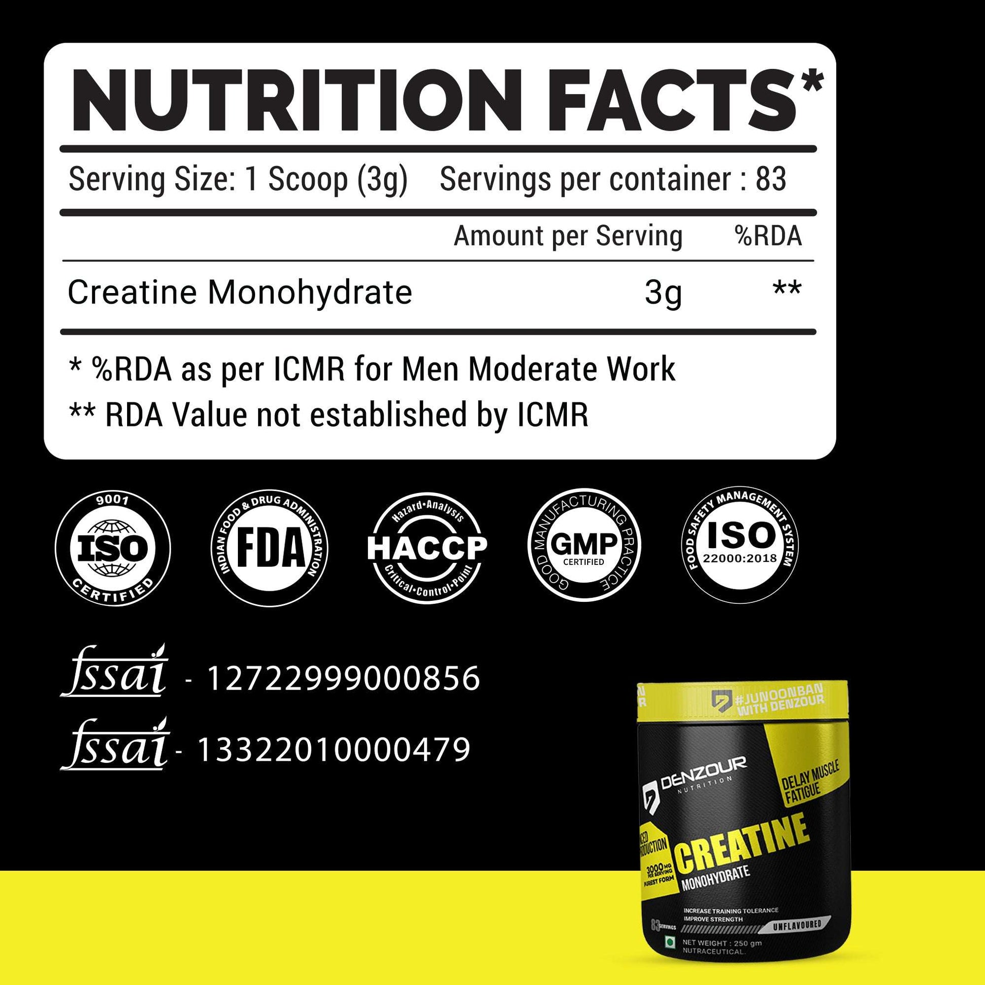 Denzour Creatine Monohydrate  Powder - 250gm | Improve Strength | Unflavoured, 83 Servings