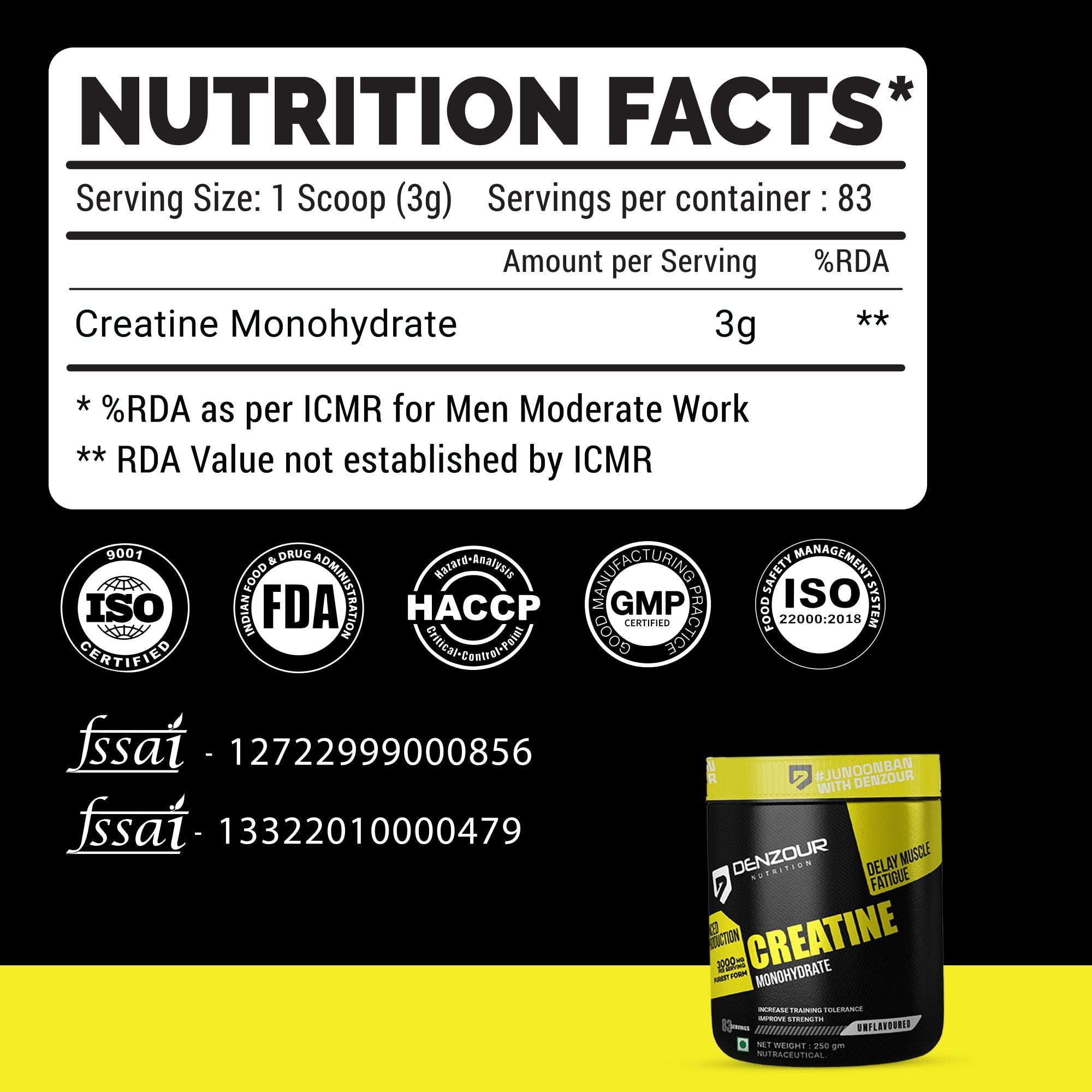 Denzour Creatine Monohydrate  Powder - 250gm | Improve Strength | Unflavoured, 83 Servings