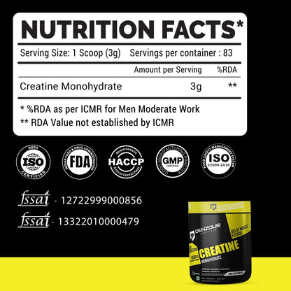 Denzour Creatine Monohydrate  Powder - 250gm | Improve Strength | Unflavoured, 83 Servings