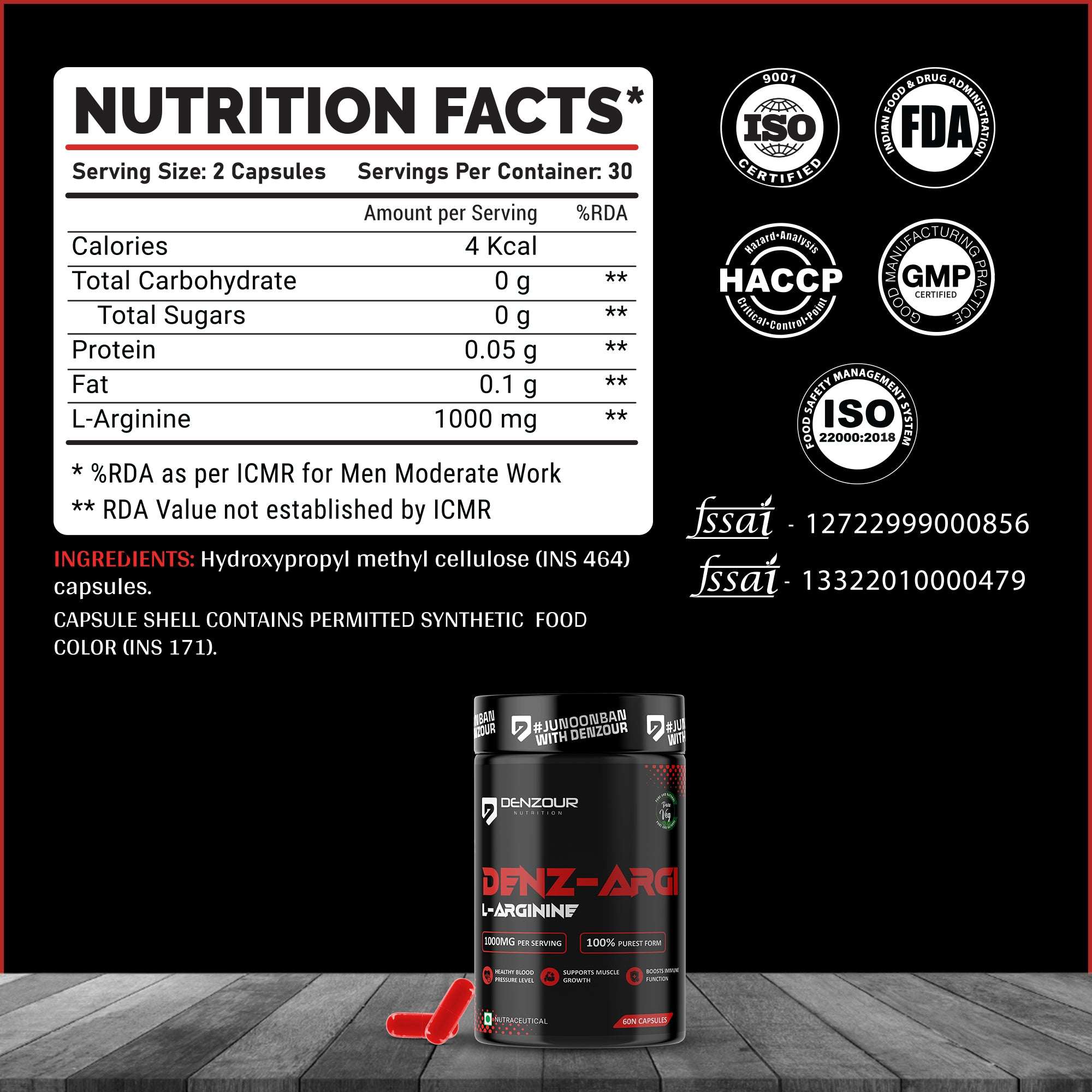 Denz-Argi L-Arginine | 60 Capsules & 100% Purest Form | Muscle Growth Supports | 1000mg Per Serving