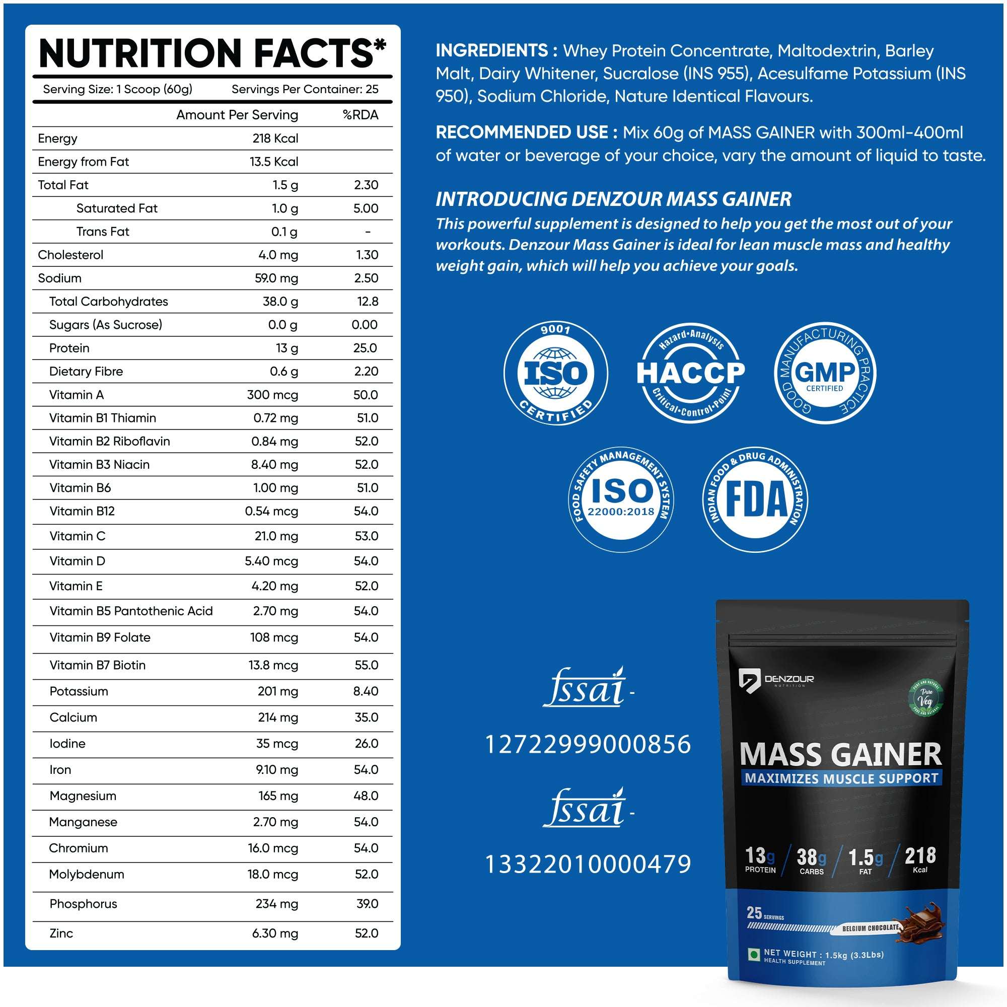 Denzour mass gainer | Chocolate Flavour, 1.5Kg | 38g Carbs & 13g Protein | Per Servings 60g