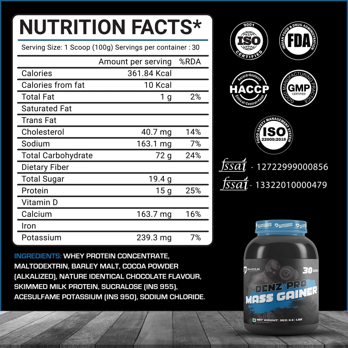 Denz-Pro Mass Gainer | Protein Powder | 3kg(6.6 Lb), 72g Carbs & 1g Fat | Per Serving 100g