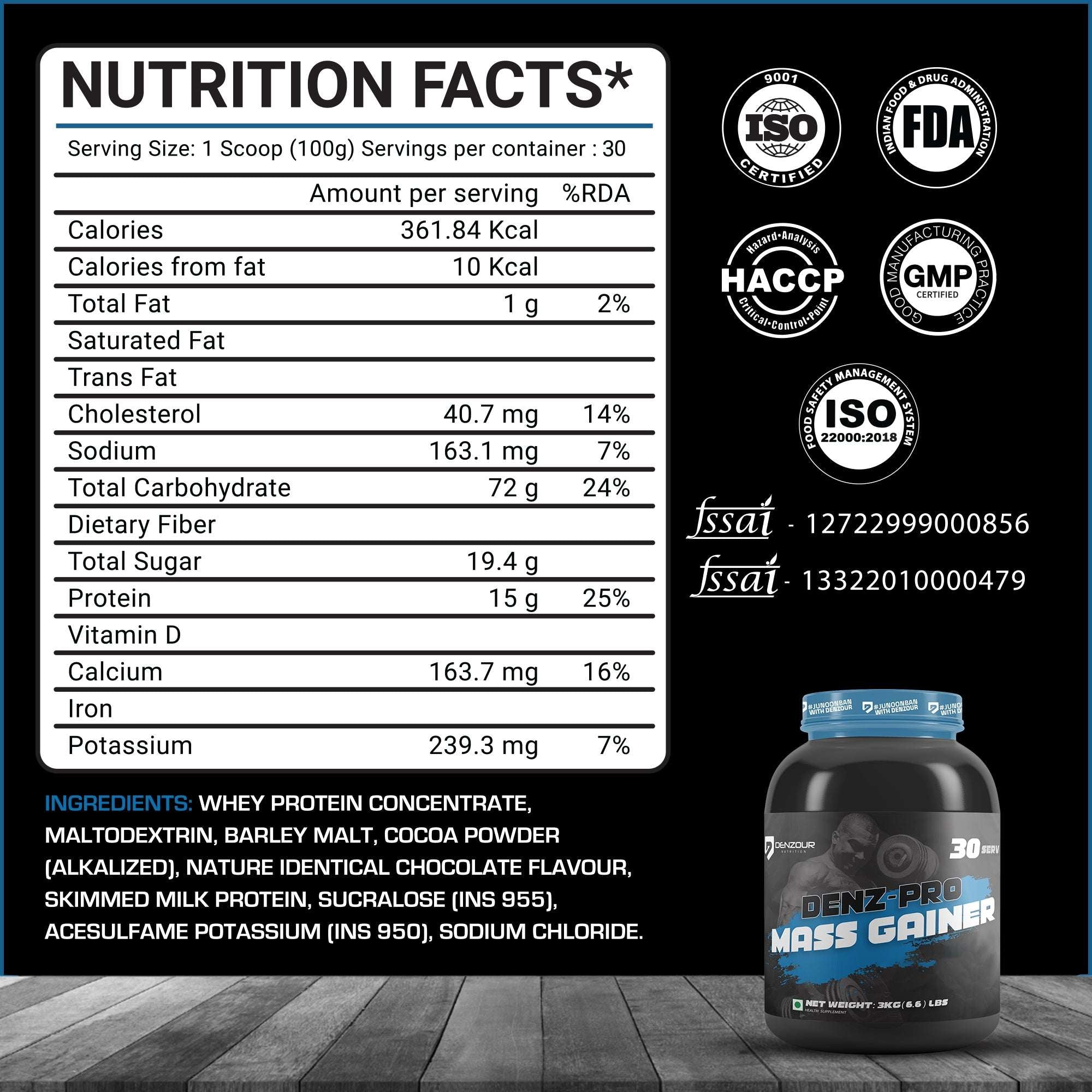 Denz-Pro Mass Gainer | Protein Powder | 3kg(6.6 Lb), 72g Carbs & 1g Fat | Per Serving 100g