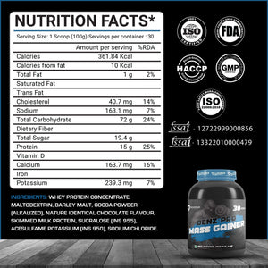Denz-Pro Mass Gainer | Protein Powder | 3kg(6.6 Lb), 72g Carbs & 1g Fat | Per Serving 100g