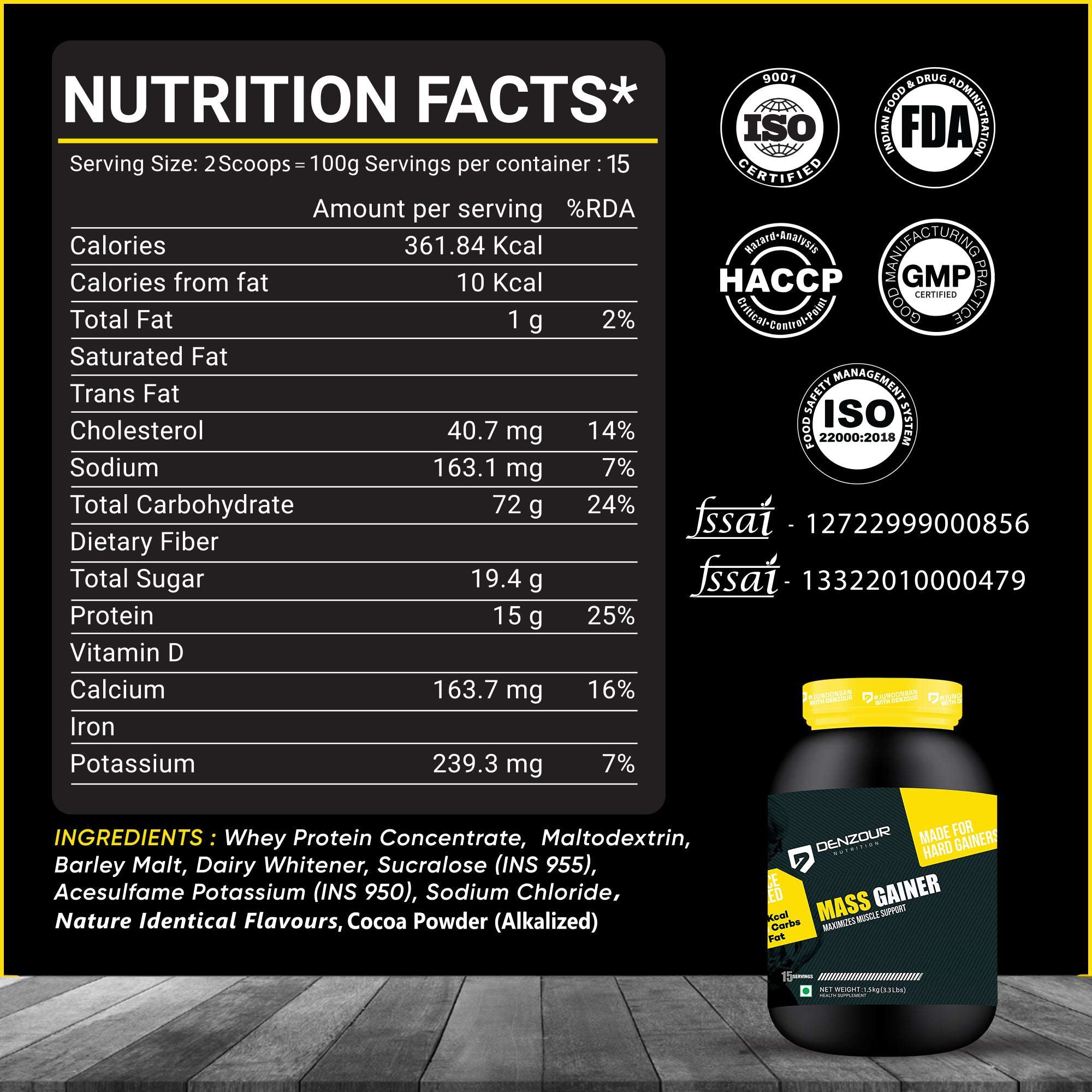 Denzour Mass Gainer - 1.5Kg (3.3 Lb) | Muscle Support, 72g Carbs & 100g Per Servings