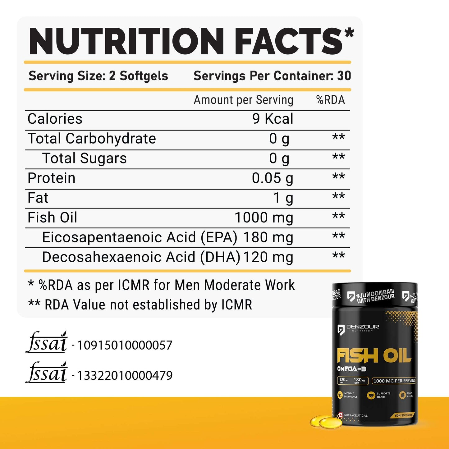 Denzour Fish Oil Omega - 3 | 60 Capsules, DHA 120mg & EPA 180mg | Mercury Free