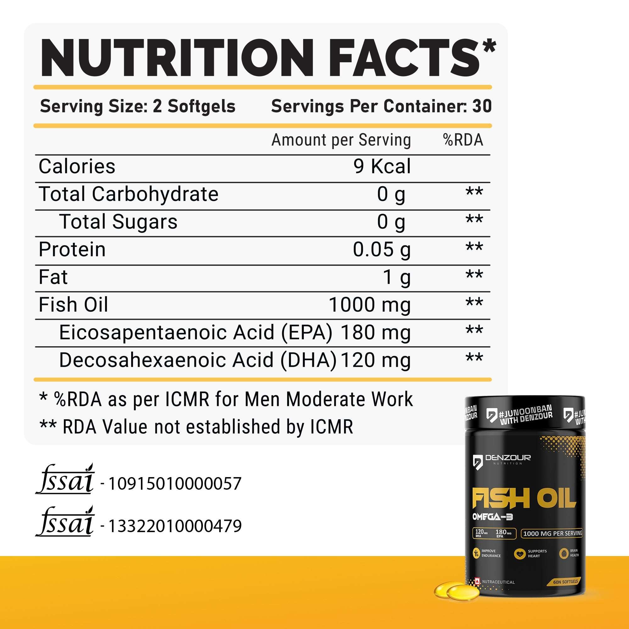 Denzour Fish Oil Omega - 3 | 60 Capsules, DHA 120mg & EPA 180mg | Mercury Free