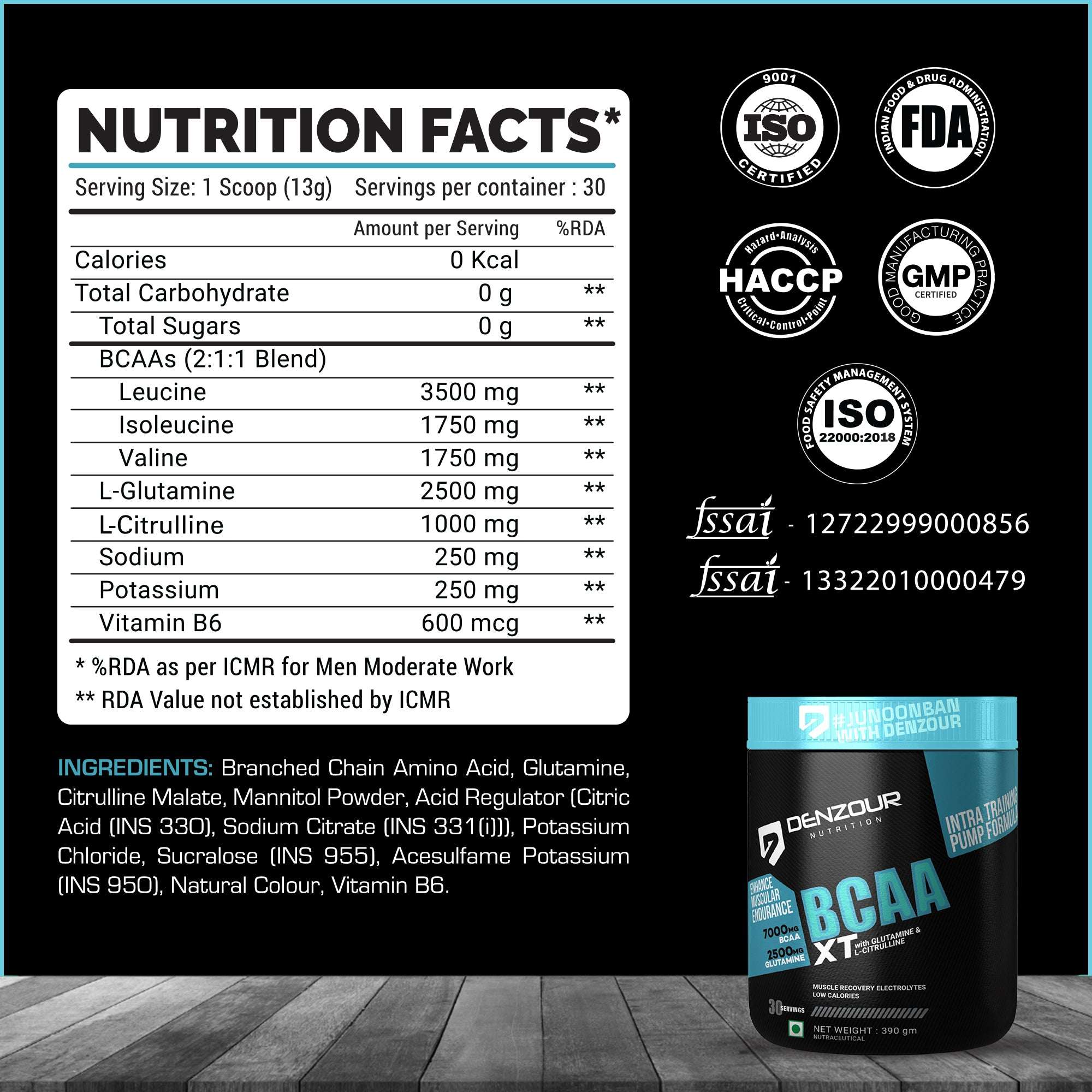 Denzour BCAA-XT - 390g | With Glutamine &  L- Citrulline | 7000mg BCAA & 2500mg Glutamine