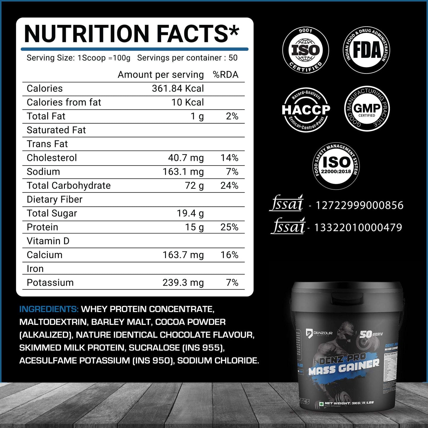 Denz-Pro Mass Gainer - 5Kg (11 Lb) | Muscle Growth Support | 15g Protein, 361 Kcal & 19.4g Sugar