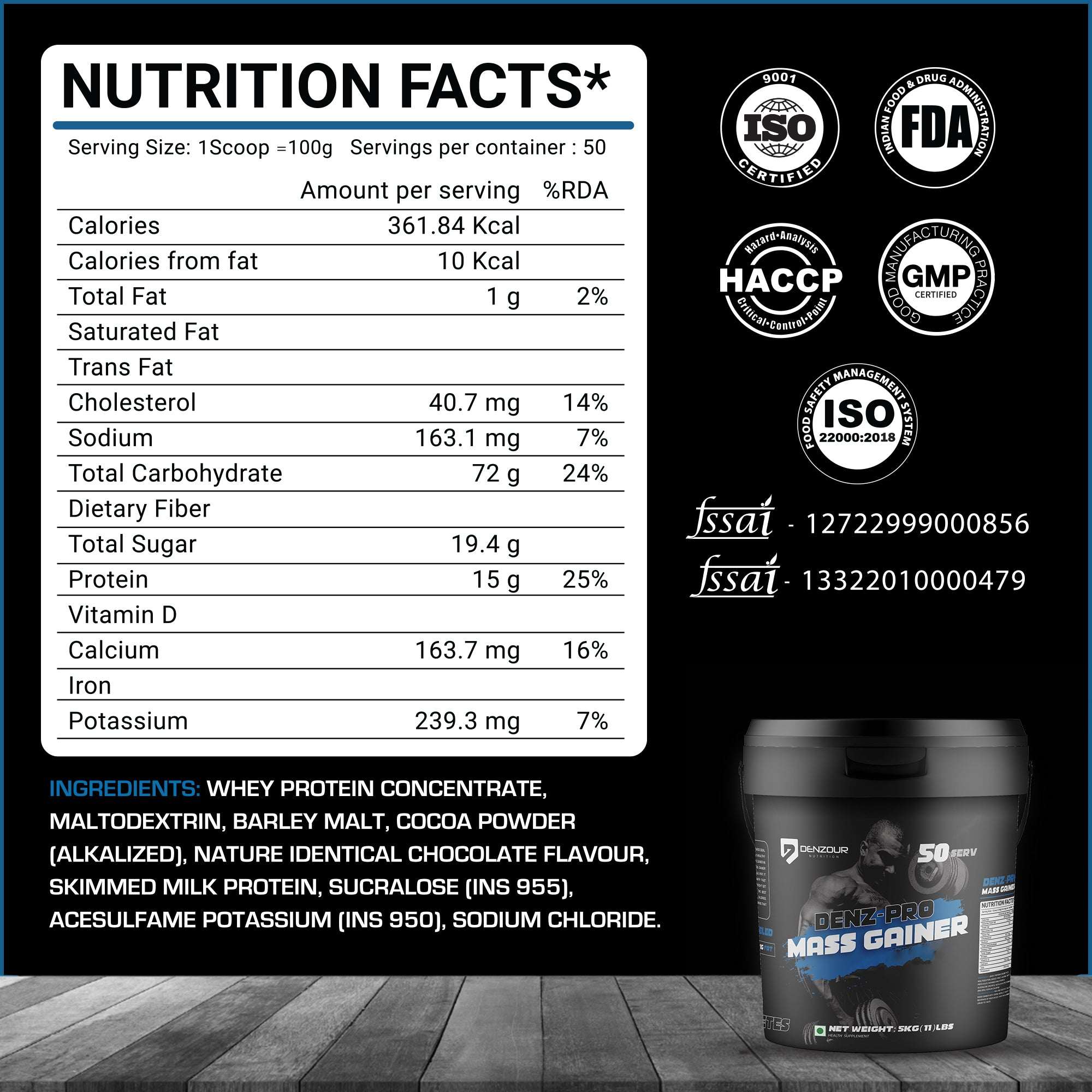 Denz-Pro Mass Gainer - 5Kg (11 Lb) | Muscle Growth Support | 15g Protein, 361 Kcal & 19.4g Sugar