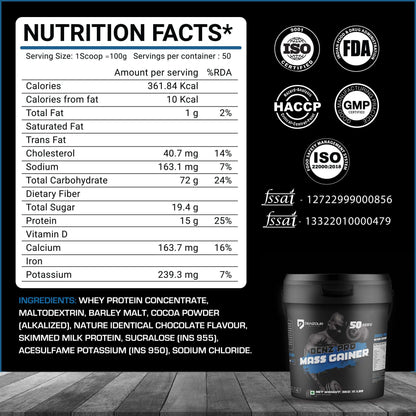 Denz-Pro Mass Gainer - 5Kg (11 Lb) | Muscle Growth Support | 15g Protein, 361 Kcal & 19.4g Sugar