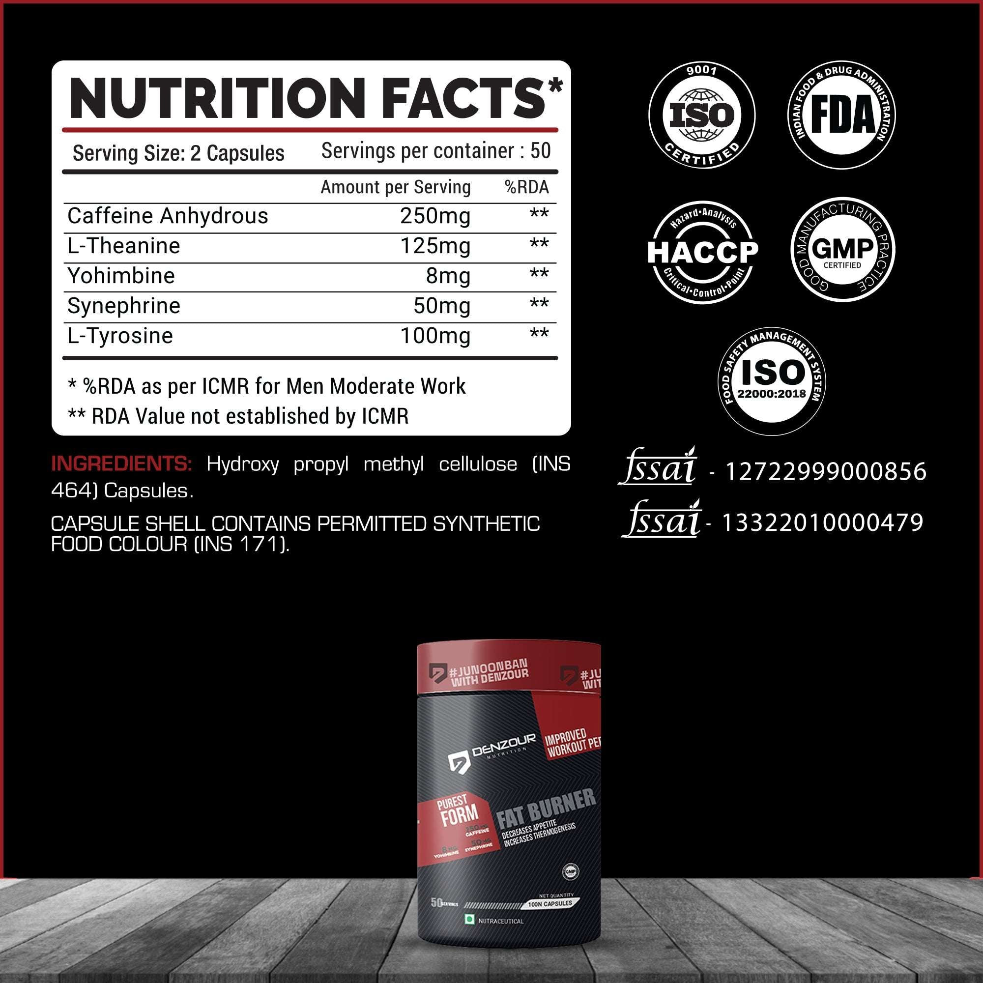 Denzour Fat Burner - 100 Capsules | Lean Muscles Support | 250mg Caffeine, 50mg Synephrine