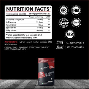 Denzour Fat Burner - 100 Capsules | Lean Muscles Support | 250mg Caffeine, 50mg Synephrine