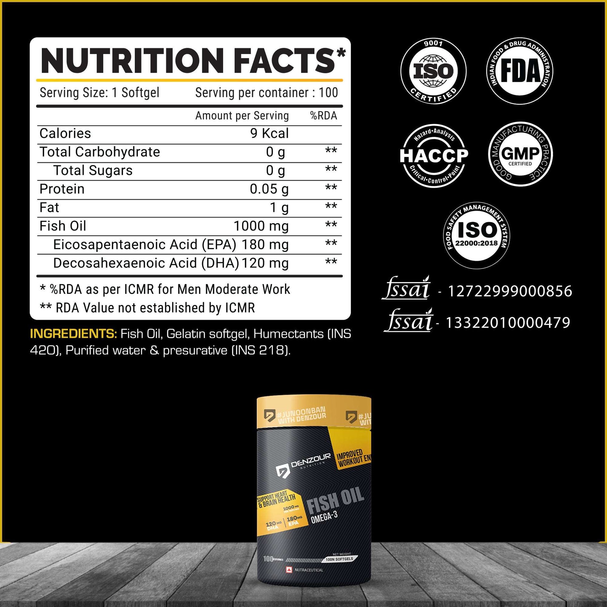 Denzour Omega - 3 Fish Oil | 100 Capsules, Support Heart & Brain Health | 120mg DHA & 180mg EPA
